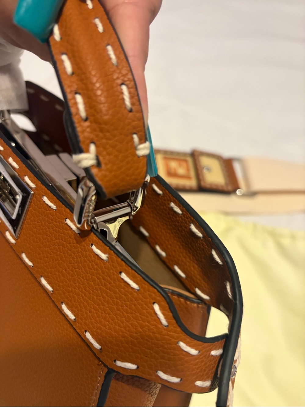 Fashion Tan Leather Peekaboo Crossbody With Cream Mono Canvas Guitar Strap - Picture 7 of 16